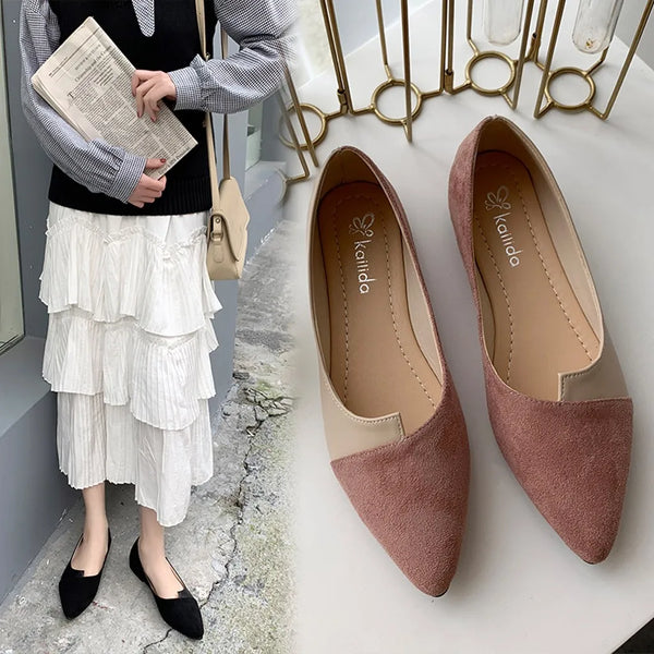 Effortless Grace knitted pointed toe ballet flats in neutral color on white background