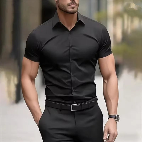 Side view of slim fit short sleeve business shirt highlighting tailored construction
