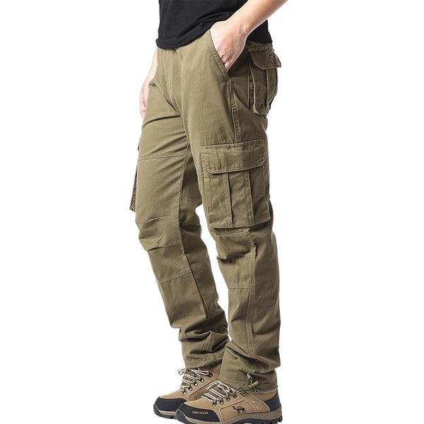 Cotton cargo pants showing side cargo pockets and comfortable elastic waist