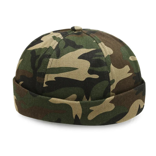 Brimless cap paired with urban street style clothing
