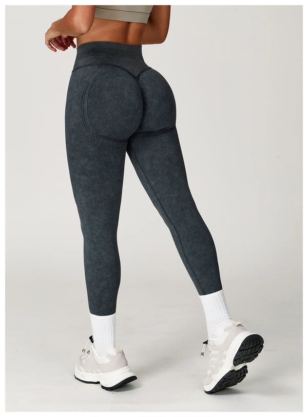 Slate gray high waist leggings with breathable nylon-spandex blend.