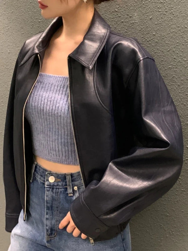 Chic cropped leather jacket for women in premium faux leather, perfect for autumn and winter streetwear fashion.