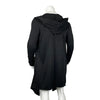 Men's hooded fleece-lined winter trench coat in black, featuring a mandarin collar and open stitch closure for easy layering.