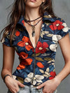 Women's botanical print shirt featuring stand collar zipper and regular fit silhouette