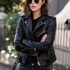 Chic slim-fit biker's leather jacket for women in premium PU leather, perfect for autumn and winter fashion.