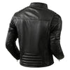 Premium men's leather biker jacket in rich brown with stand collar, crafted from durable first-layer calfskin leather.