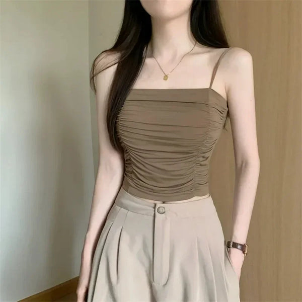 Padded white sleeveless camisole featuring customizable strap length
