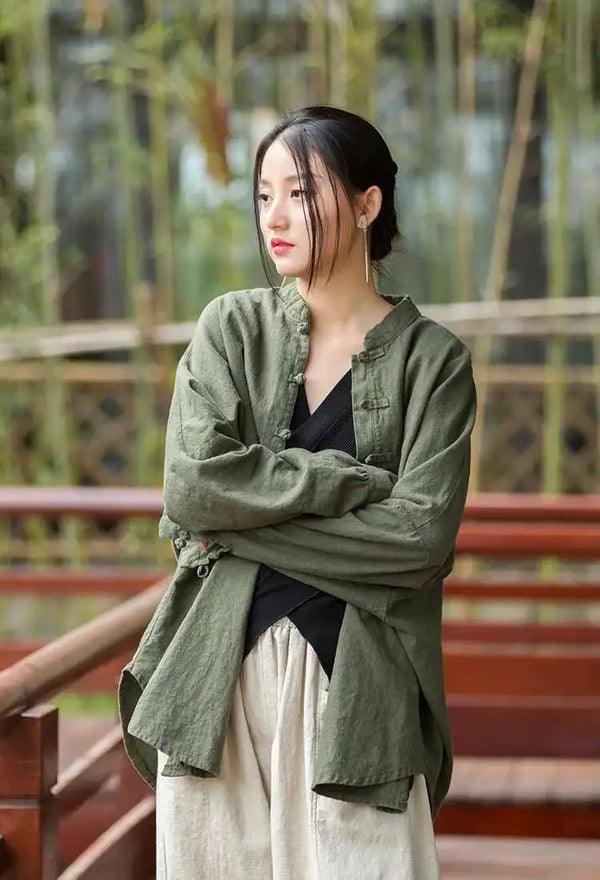 Single-breasted cotton linen coat with elegant stand collar and regular length