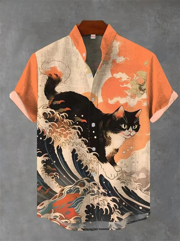 Breathable geometric print shirt with denim texture and classic collar for coastal style