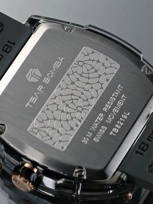 Tonneau-shaped acrylic case of the sapphire crystal watch against a soft background.
