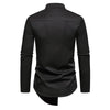Vintage-style men's casual dress shirt with stand collar, irregular hem, and solid pattern for versatile wear.