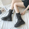 Chic mid-calf motorcycle boots for women with lace-up closure, non-slip outsole, and stylish PU leather for winter wear.