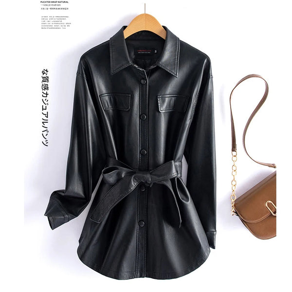 Chic women's sheepskin leather jacket with turn-down collar, lace-up belt, and adjustable waist for a stylish fit.