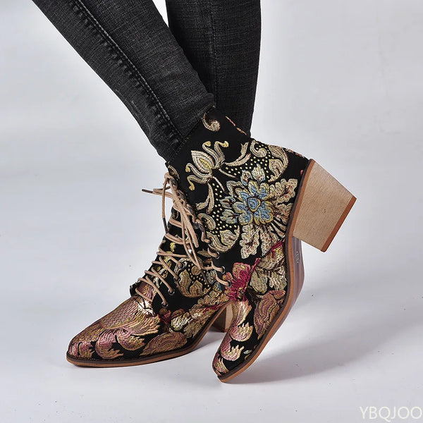 Bohemian style block heel boots with artisan-inspired embroidery and cloth lining