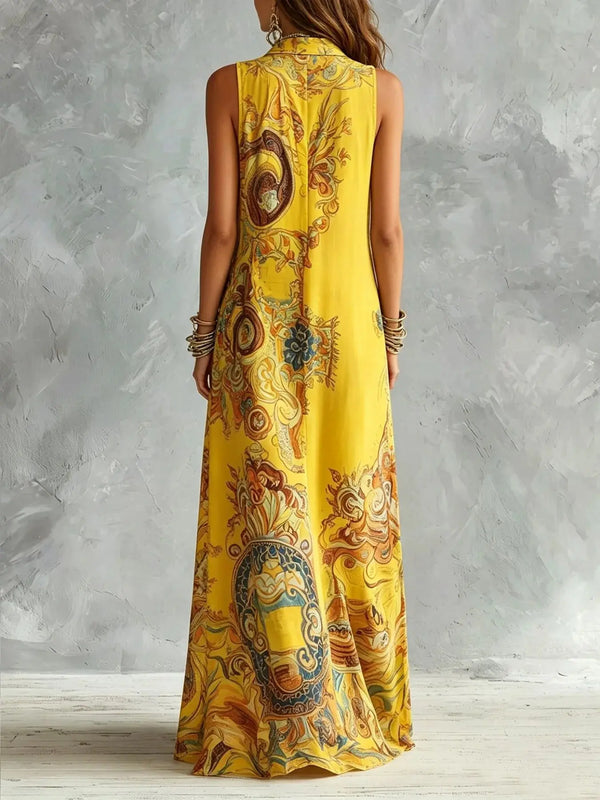 Vintage vest dress in retro print with breathable fabric and timeless floor-length cut