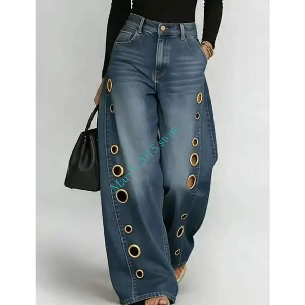 Black cotton denim wide leg jeans with metal grommets and comfortable stretch fabric