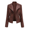 Women's slim fit PU leather motorcycle jacket in black, windproof, durable, perfect for spring and autumn rides.