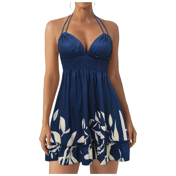 Boho style sundress with vibrant flowers, V-neckline, and easy-care fabric