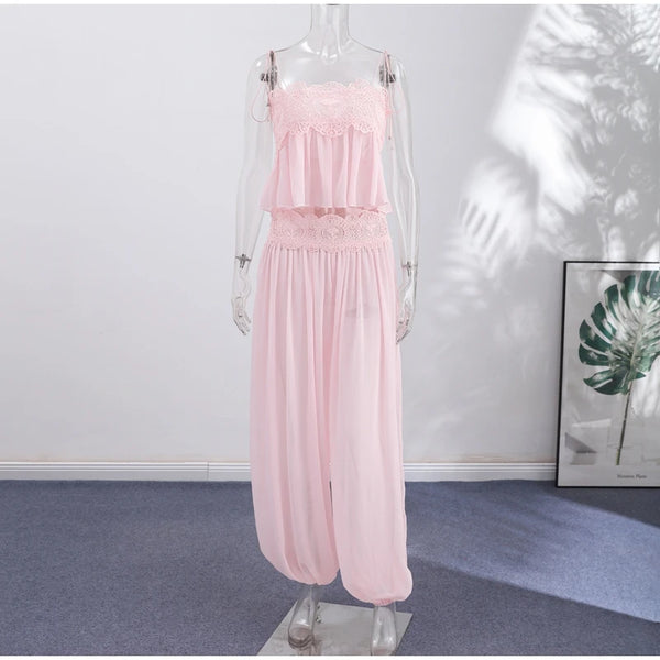 Complete two-piece lace set showing top and wide-leg pants combination