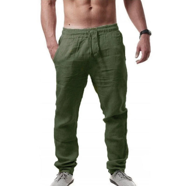 Natural fiber wide-leg pants with comfortable drawstring waist in neutral tone