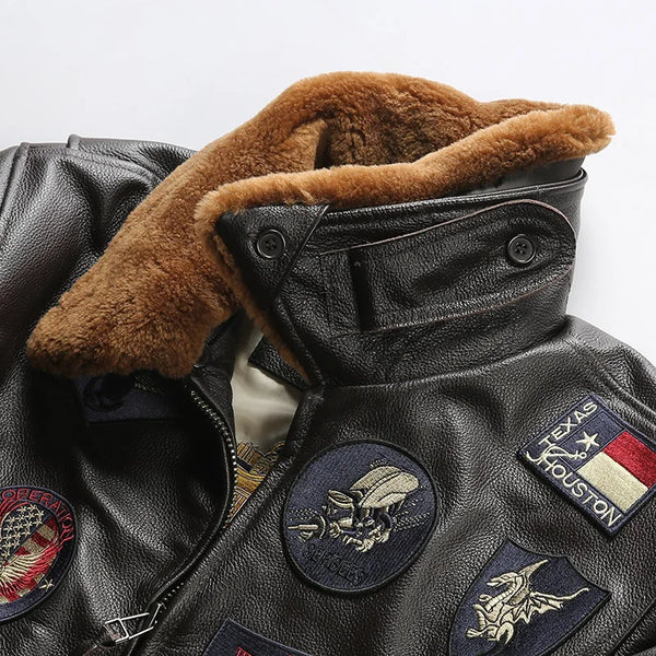 Detachable lamb wool collar on the Top Gun inspired leather bomber jacket.