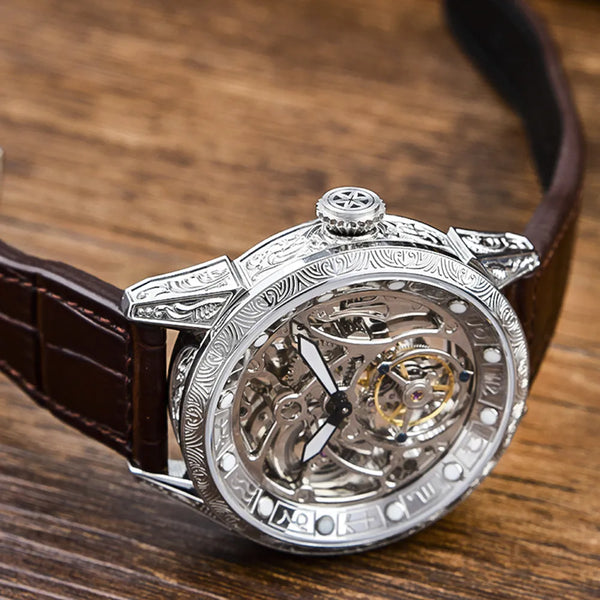Timepiece of Triumph on a wooden table, highlighting its scratch-resistant sapphire crystal.