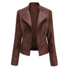 Women's slim fit PU leather motorcycle jacket in black, windproof, durable, perfect for spring and autumn rides.