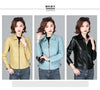 Chic women's sheepskin leather jacket with zippered front, turn-down collar, and pockets for stylish autumn layering.