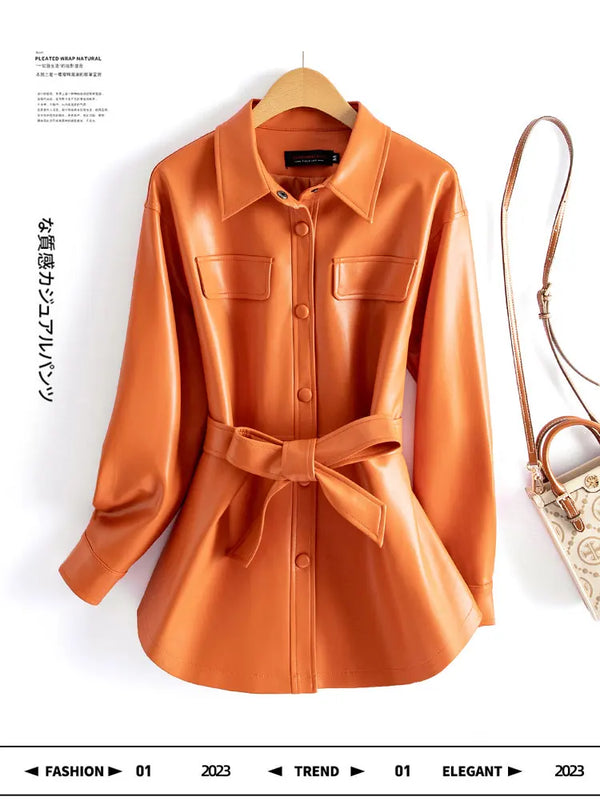 Chic women's sheepskin leather jacket with turn-down collar, lace-up belt, and adjustable waist for a stylish fit.