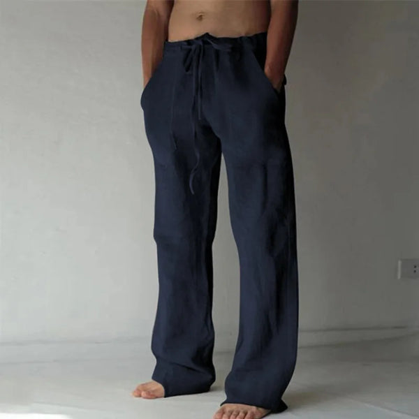 Unisex wide-leg linen cotton trousers with adjustable drawstring closure