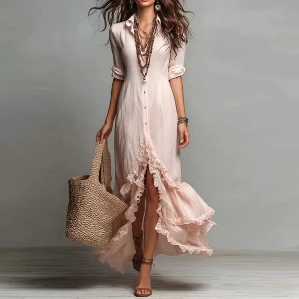 Sunset Stroll dress showcasing flattering regular fit and eye-catching asymmetrical ruffle detail