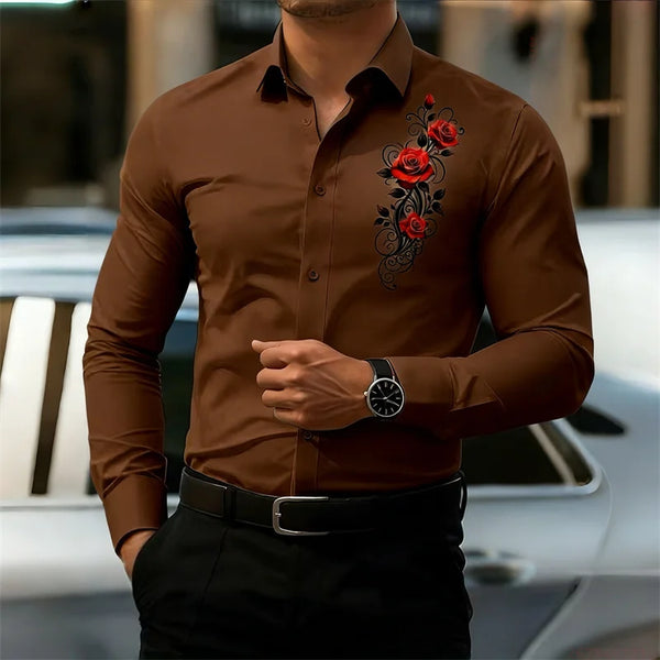 Polyester blend shirt featuring vintage red rose pattern and full-length sleeves