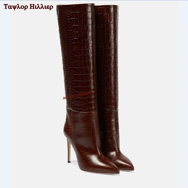 Knee-high stiletto boots designed for elegance and comfort.