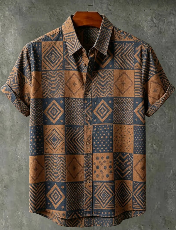 Men's wanderlust-inspired geometric print shirt with classic collar perfect for beach and travel