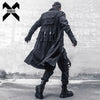 Men's black long trench coat with multi pockets, stylish gothic punk design, perfect for autumn and spring streetwear.
