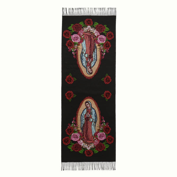 Stylish winter wrap with a devotional theme, featuring the Virgin Mary of Guadalupe.