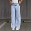 Chic wide-leg denim jeans for women, featuring a button-fly closure, lightweight fabric, and stylish distressed details.