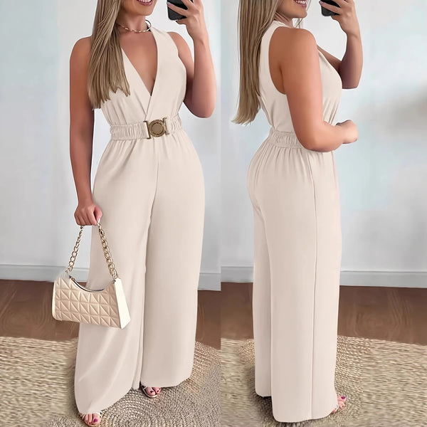 Black deep V-neck wide-leg jumpsuit with flowing ankle-length silhouette on white background