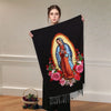 Warm scarf with vibrant Virgin Mary print, ideal for church visits and winter outings.