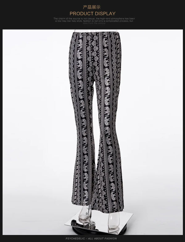 Bohemian flare leg pants for women in vibrant floral print, perfect for casual or festival wear in spring and summer.