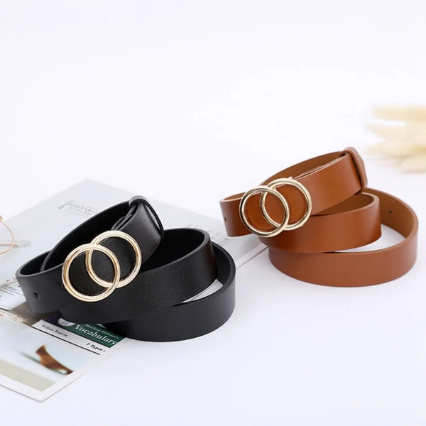 Chic double ring PU leather belt for women in classic black, perfect for jeans, dresses, and versatile fashion outfits.