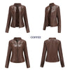 Chic women's slim leather biker jacket with zip detail, stand-up collar, and tailored fit for stylish urban looks.