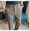 Men's slim fit dress pants in British style with elastic waist, perfect for casual or formal occasions, made from polyester b