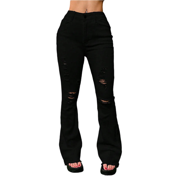 Chic light blue ripped flared jeans for women with high waist, deep pockets, and a retro distressed look. Perfect for casual