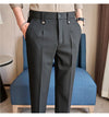 Men's slim fit dress pants in British style with elastic waist, perfect for casual or formal occasions, made from polyester b