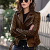 Chic slim-fit biker's leather jacket for women in premium PU leather, perfect for autumn and winter fashion. Stylish and dura