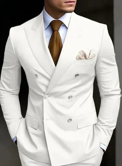 Full-length view of a suave double-breasted suit, ideal for professional wear.