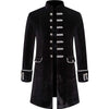 Elegant men's medieval-style trench coat in black, blue, and burgundy with single-breasted design and stand collar.