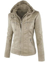 Chic hooded faux leather jacket for women in black, perfect for autumn and winter with versatile style and comfort.