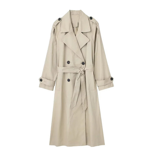 Versatile double-breasted trench coat paired with denim for casual chic look